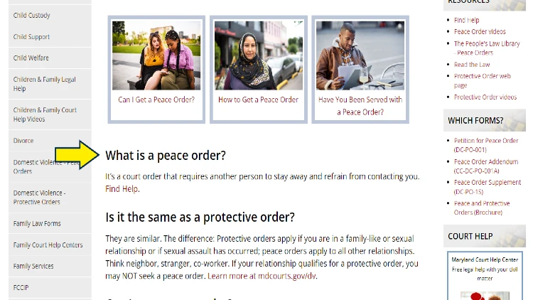 Screenshot of Maryland Judiciary website page for children and family with yellow arrow on what is a peace order.
