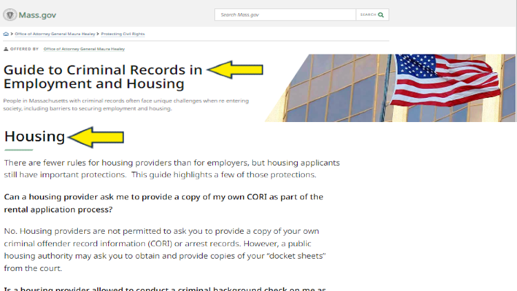 Screenshot of Mass Gov website page about criminal records with yellow arrow pointing to housing.