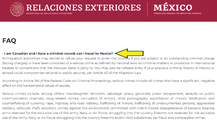 Screenshot of Relaciones Exteriores about Mexico with yellow arrow pointing to the FAQ.