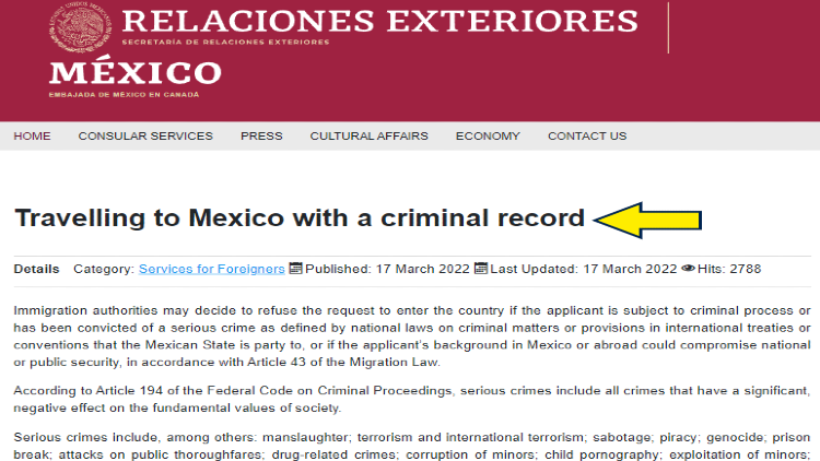 Screeenshot of Relaciones Exteriores website page about Mexico Embassy with yellow arrow pointing to travelling to Mexico with criminal record.