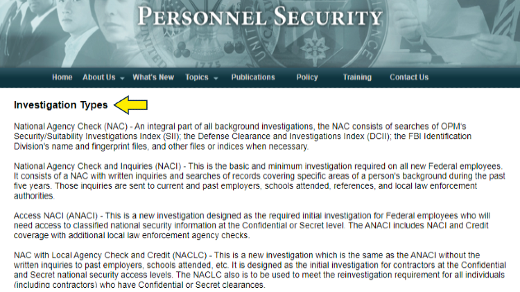 Screenshot of Personnel Security website with yellow arrows pointing ti investigation types.