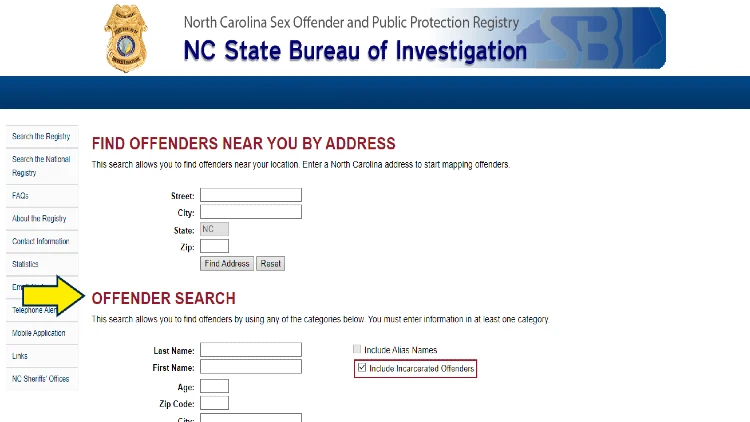 Screenshot of NC State website page for Bureau of Investigation with yellow arrow on offender search.