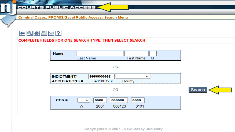 Screenshot of NJ Judiciary website page for criminal cases with yellow arrows on NJ courts public access search.