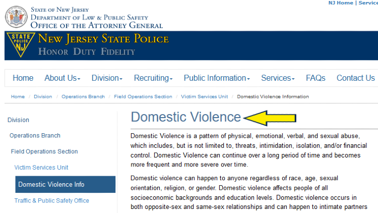 Screenshot of State of New Jersey website page for Department of Law & Public Safety with yellow arrow on domestic violence.