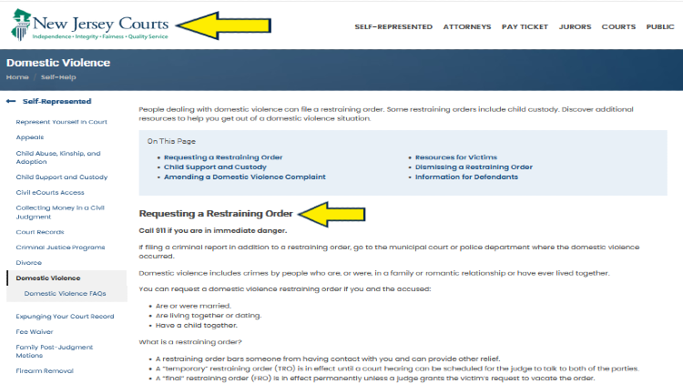Screenshot of New Jersey Judiciary for self-help with yellow arrows on how to request a restraining order.
