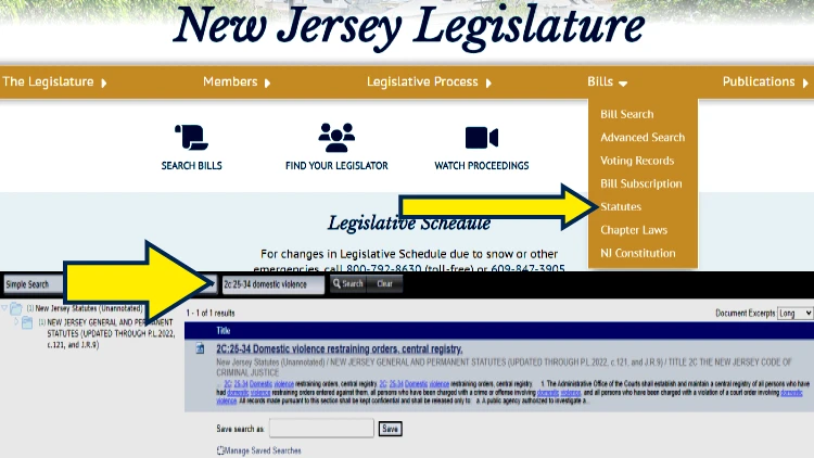 Screenshot of the New Jersey Legislature that shows how to see the statute on domestic violence restraining orders.