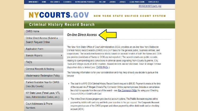 Screenshot of NY Courts website page for criminal history record search with yellow arrow on on-line direct access to criminal records.