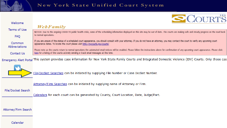 Screenshot of NY Courts website page for e-courts with yellow arrow on file/docket searches.