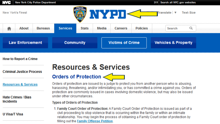 Screenshot of City of New York website page for NY Police Department with yellow arrows on orders of protection. 