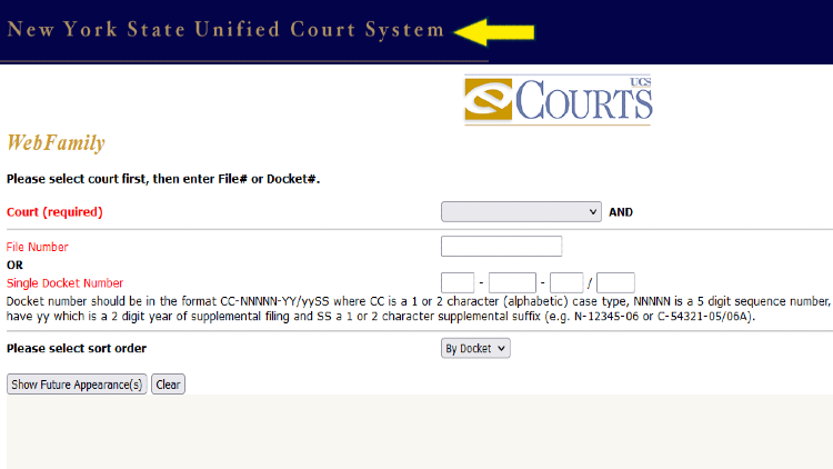 Screenshot of NY Courts website page for e-courts with yellow arrow on New York State Unified Court System.