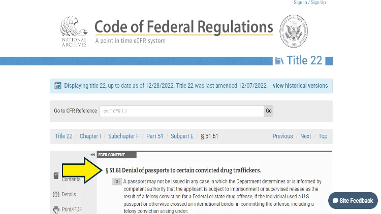 Screenshot of National Archives website page for Code of Federal Regulations with yellow arrow on denial of passports to certain convicted drug traffickers.