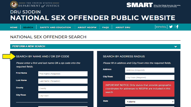 Screenshot of National Sex Offender Public Website page about national sex offender search with yellow arrow pointing to search by name and or zip code.