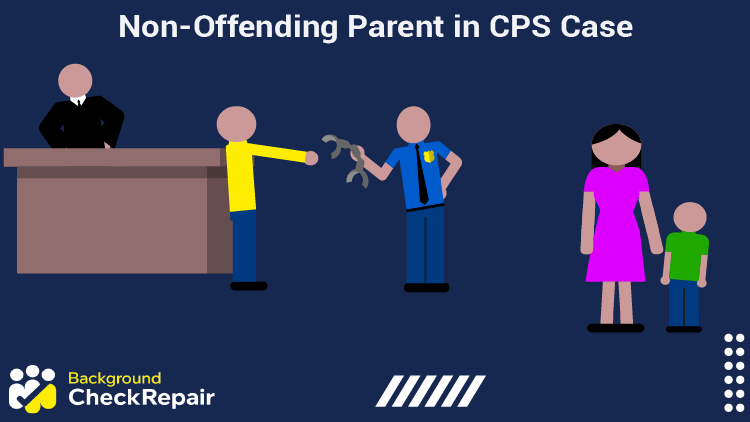 Man being handcuffed in front of a judge’s bench while a woman and child stand to the right and listen to the non offending parent in cps case rights and restrictions as well as what cps can and can not do after the non offending parent evaluation process.