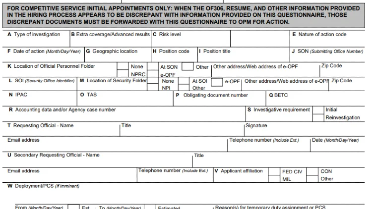 Screenshot of US Office of Personnel Management website page for Questionnaire for Public Trust Positions form. 