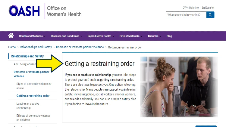 Screenshot of U.S. Department of Health and Human Service website page for Office of Women's Health with yellow arrow on how to get a restraining order.