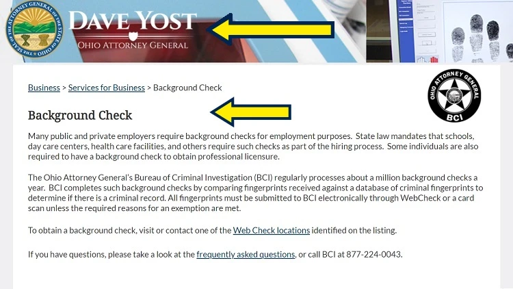 Screenshot of Ohio Attorney General website page for services with yellow arrows on background check. 