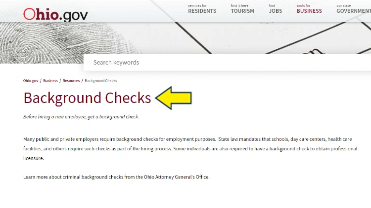 Screenshot of State of Ohio website page for resources with yellow arrow on background checks.