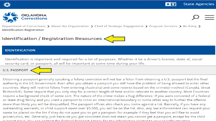Screenshot of Oklahoma Corrections website page about identification or registration resources with yellow arrow pointing to U.S. Passport.