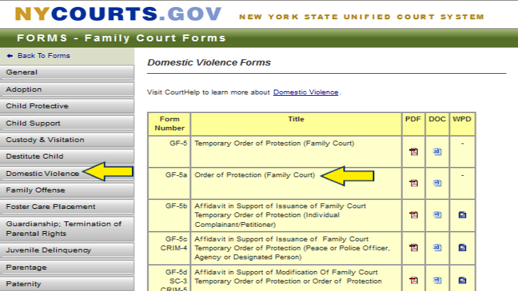 Screenshot of NY Courts website page for domestic violence with yellow arrows on Order of Protection (Family Court) form.