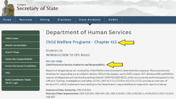Screenshot of Oregon Secretary of State website page for Department of Human Services with yellow arrows on laws about Child Welfare Programs in Oregon.