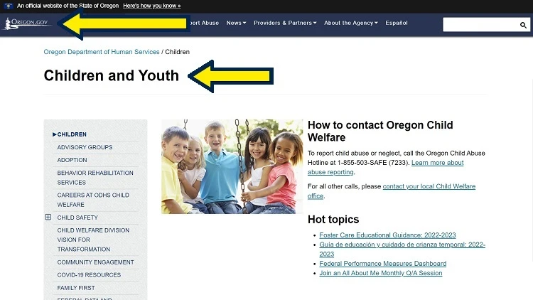 Screenshot of State of Oregon website page for Department of Human Services with yellow arrows on children and youth.