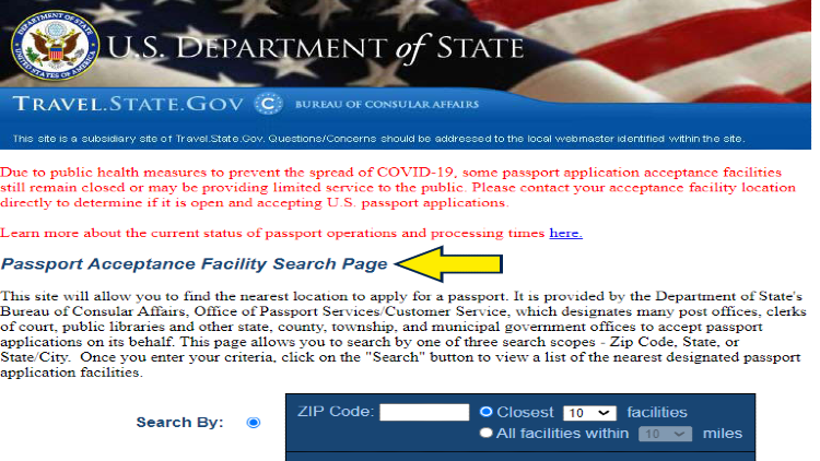 Screenshot of U.S. Department of State website page about Travel State with yellow arrow pointing to passport acceptance facility search page.