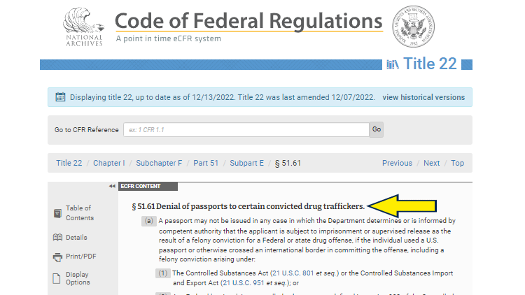Screenshot of National Archives website page for Code of Federal Regulations with yellow arrow on laws regulating the denial of passports to certain convicted drug traffickers.