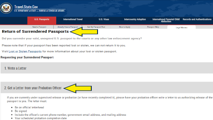 Screenshot of U.S. Department of State website page for U.S. passports with yellow arrows on steps on how to get back surrendered unexpired passport from law enforcement agencies.