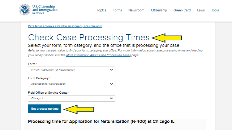 Screenshot of U.S. Department of Homeland Security website page for USCIS with yellow arrows on how to check the processing time for immigration applications across states.