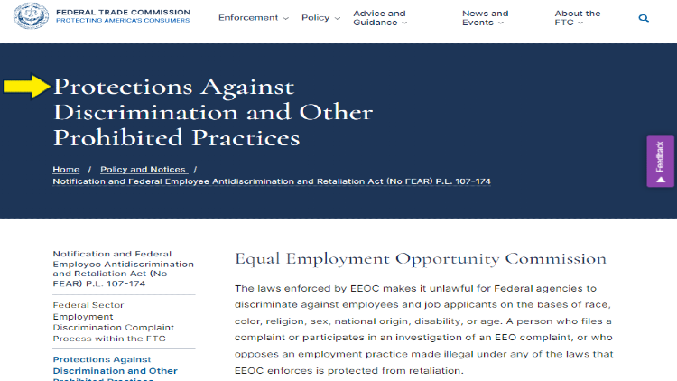 Screenshot of Federal Trade Commission website page about Policy and Notices with yellow arrow pointing to protections against discrimination and other prohibited practices.