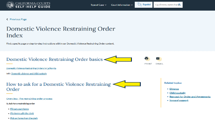 Screenshot of California Courts website page for self-help guide with yellow arrows on domestic violence 101 and how to ask for a domestic violence restraining order.