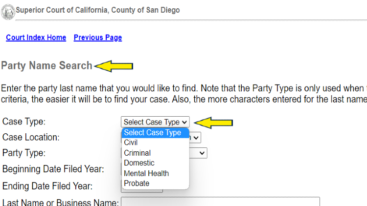 Screenshot of Superior Court of California website page for San Diego County with yellow arrows on how to conduct a party name search online.