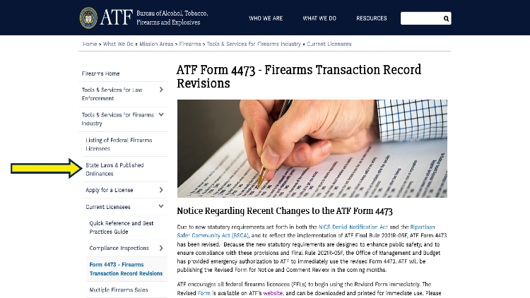 Screenshot of ATF website page about firearms transaction record with yellow arrow pointing to its laws.
