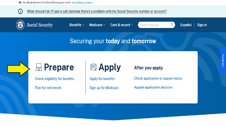 Screenshot of the Social Security website page with yellow arrow pointing on how to apply.