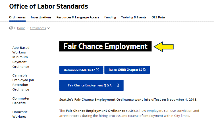 Screenshot of City of Seattle website page for Office of Labor Standards with yellow arrow on fair chance employment.