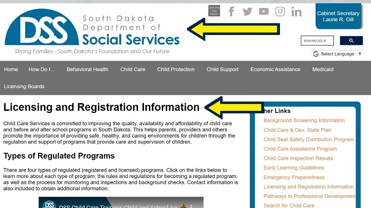 Screenshot of South Dakota Department of Social Services website page for licensing with yellow arrows on licensing and registration information.