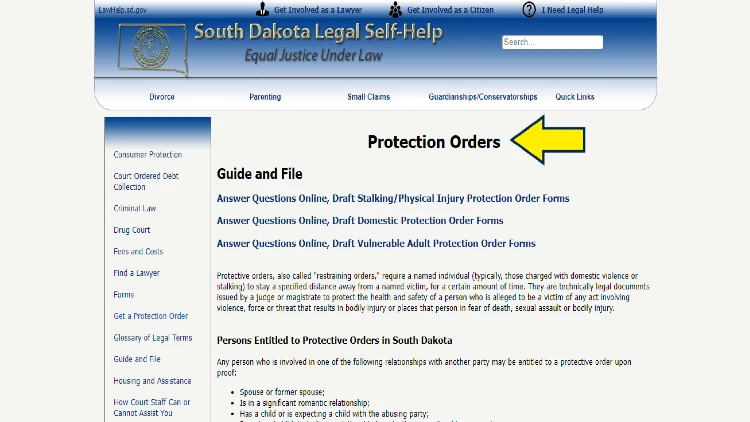 Screenshot of South Dakota Legal Self-Help website page with yellow arrow on protection orders.