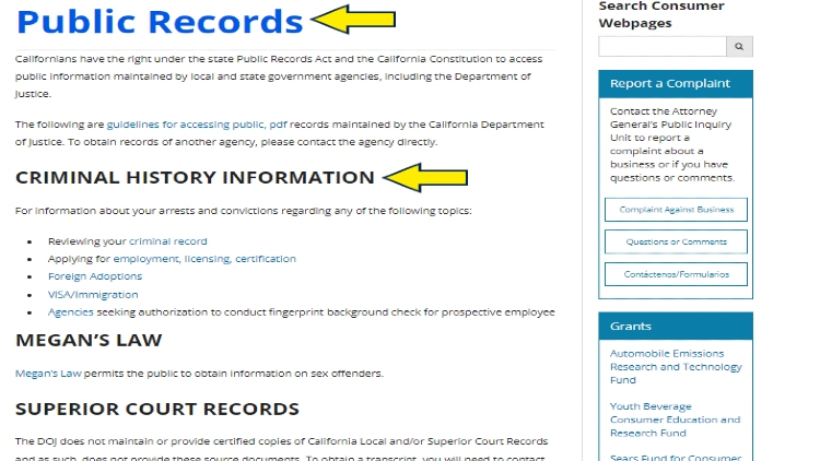 Screenshot of State of California website page for Department of Justice with yellow arrows on criminal history information in public records.