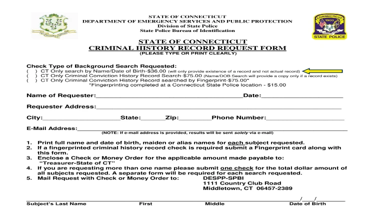 Screenshot of State of Connecticut website page for Criminal History Record Request form with yellow arrow on name-based record search.