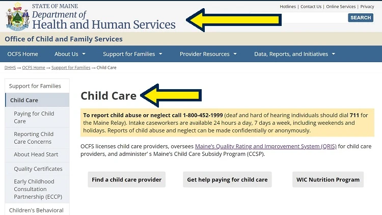 Screenshot of State of Maine website page for Department of Health and Human Services with yellow arrows on child care.
