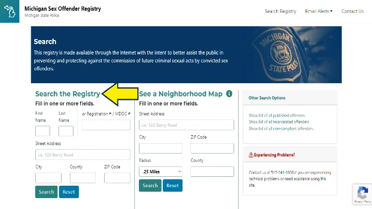 Screenshot of State of Michigan website page for sex offender registry with yellow arrow on sex offender name search.