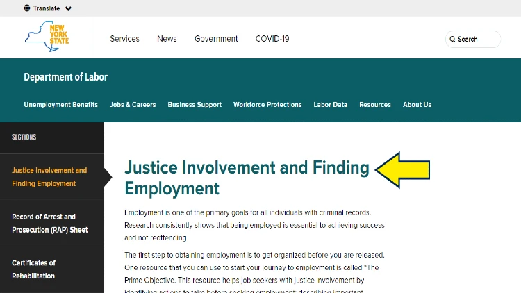 Screenshot of New York State website page for Department of Labor with yellow arrow on justice involvement and finding employment.