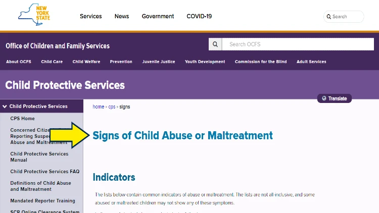 Screenshot State of New York website page for Child Protective Services with yellow arrow on signs of child abuse or maltreatment.