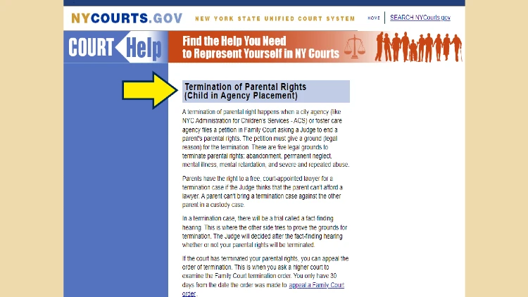 Screenshot of NY Courts website page for self-help with yellow arrow on termination of parental rights.