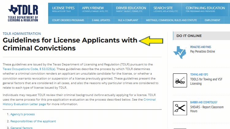 Screenshot of Texas Government website page for Department of Licensing & Regulation with yellow arrow on guidelines for license applicants with criminal convictions.
