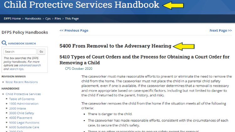 Screenshot of Texas Department of Family and Protective Services website page for Child Protective Services handbook with yellow arrows on rules for adversary hearing.