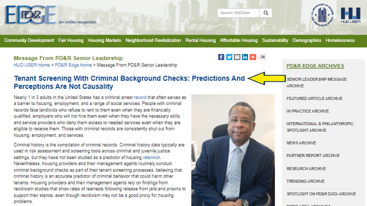 Screenshot of an online magazine with yellow arrow pointing to tenant screening with criminal background checks.