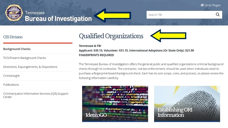 Screenshot of Tennessee Bureau of Investigation website page for background checks with yellow arrows on qualified organizations that can conduct a criminal investigation for employment.