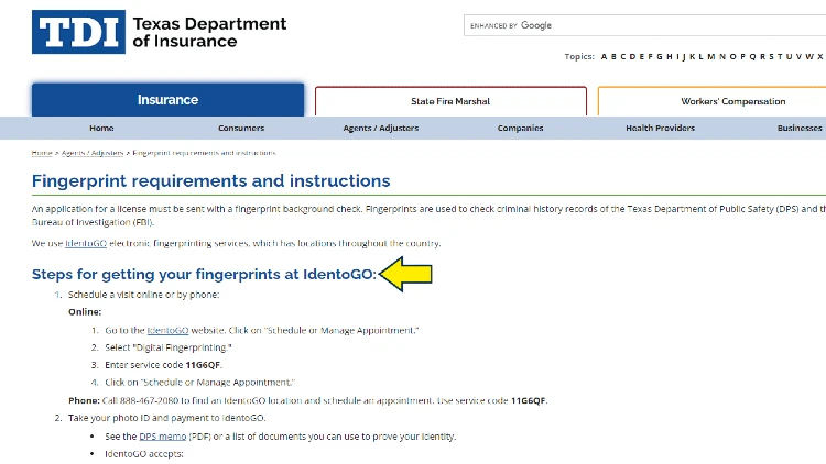 Screenshot of Texas Department of Insurance website page for insurance agents with yellow arrow on steps for getting your fingerprint at IdentoGO. 