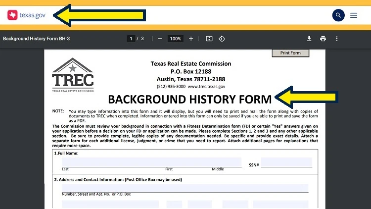 Screenshot of State of Texas website page for Real Estate Commission with yellow arrows on Background History Form.